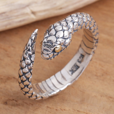 Gold-accented sterling silver wrap ring, 'Earth Serpent' - Realistic Sterling Silver Snake Wrap Ring