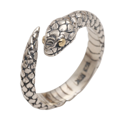 Gold-accented sterling silver wrap ring, 'Eye of the Serpent' - Realistic Sterling Silver Snake Wrap Ring