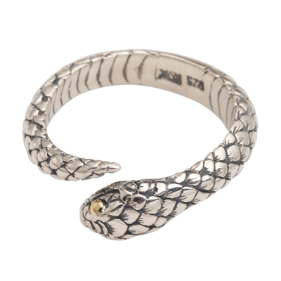 Gold-accented sterling silver wrap ring, 'Earth Serpent' - Realistic Sterling Silver Snake Wrap Ring