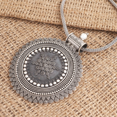 Sterling silver pendant necklace, 'Kraton Shield' - Traditional Balinese Shield Sterling Silver Pendant Necklace