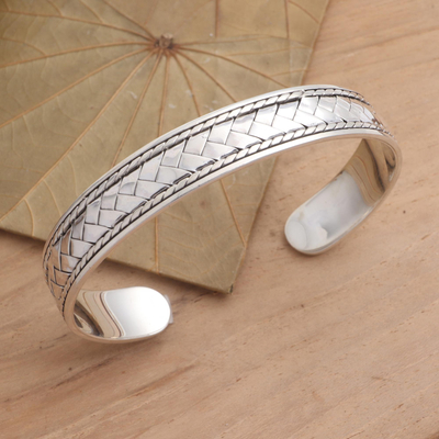 Sterling silver cuff bracelet, 'Woven Dreams' - Basketweave Sterling Silver Cuff Bracelet