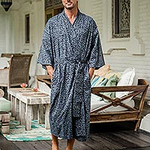 Men's Batik Belted Cotton Robe, 'Blue Midnight'