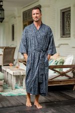 Men's batik cotton robe, 'Blue Midnight' - Men's Batik Belted Cotton Robe