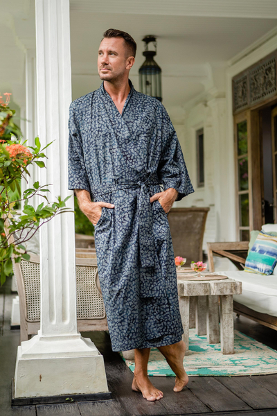 Men's batik cotton robe, 'Blue Midnight' - Men's Batik Belted Cotton Robe