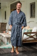 Men's batik cotton robe, 'Blue Midnight' - Men's Batik Belted Cotton Robe