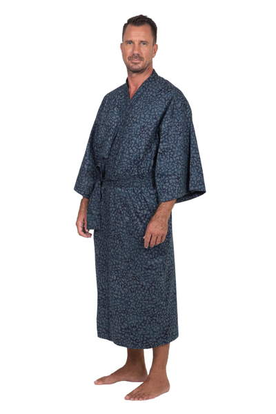 Men's batik cotton robe, 'Blue Midnight' - Men's Batik Belted Cotton Robe