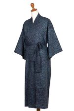 Men's batik cotton robe, 'Blue Midnight' - Men's Batik Belted Cotton Robe