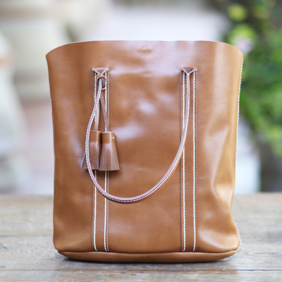 Leather tote bag, 'Calm Evening' - Topstitched Leather Tote Bag with Tassels