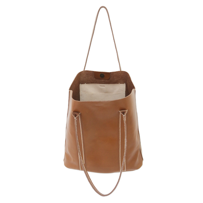 Leather tote bag, 'Calm Evening' - Topstitched Leather Tote Bag with Tassels