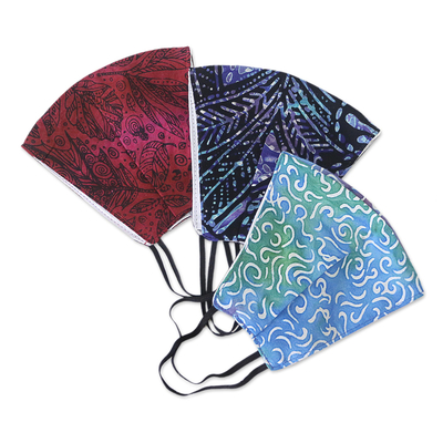 Rayon-Batik-Gesichtsmasken, (3er-Set) - 3 doppellagige, handgestempelte Viskose-Batik-Masken mit elastischen Schlaufen