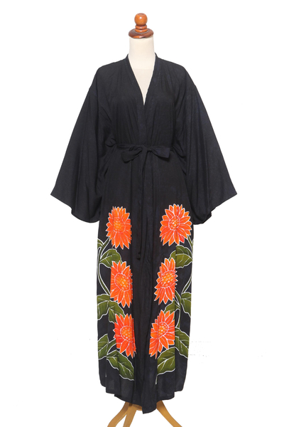 Hand-painted rayon robe, 'Sunflower on Black' - Hand Painted Black Floral Rayon Robe