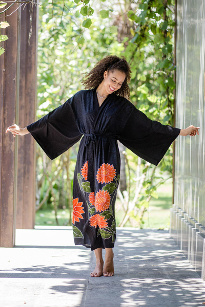 Hand-painted rayon robe, 'Sunflower on Black' - Hand Painted Black Floral Rayon Robe