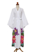Hand-painted rayon robe, 'Beautiful Flowers in White' - White Floral Hand Painted Rayon Robe (image 2a) thumbail
