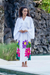 Hand-painted rayon robe, 'Beautiful Flowers in White' - White Floral Hand Painted Rayon Robe (image 2b) thumbail