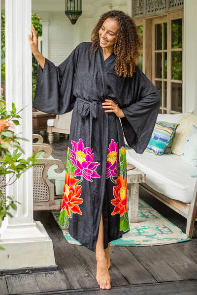Hand-painted rayon robe, Beautiful Flowers in Grey