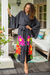 Hand-painted rayon robe, 'Beautiful Flowers in Grey' - Floral Hand Painted Grey Robe from Bali (image 2) thumbail