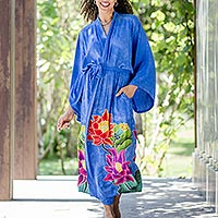 Hand-painted rayon robe, 'Beautiful Flowers in Blue'