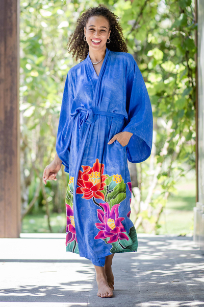Hand-painted rayon robe, Beautiful Flowers in Blue