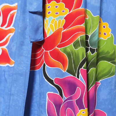 Bata de rayón pintada a mano - Bata Rayón Floral Azul y Multicolor