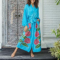 Hand-painted rayon robe, Beautiful Flowers in Turquoise