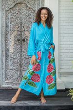 Hand-painted rayon robe, 'Beautiful Flowers in Turquoise' - Hand Painted Floral Rayon Robe