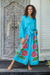 Hand-painted rayon robe, 'Beautiful Flowers in Turquoise' - Hand Painted Floral Rayon Robe (image 2) thumbail