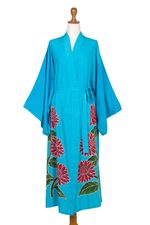 Hand-painted rayon robe, 'Beautiful Flowers in Turquoise' - Hand Painted Floral Rayon Robe