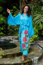 Hand-painted rayon robe, 'Beautiful Flowers in Turquoise' - Hand Painted Floral Rayon Robe