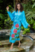 Hand-painted rayon robe, 'Beautiful Flowers in Turquoise' - Hand Painted Floral Rayon Robe (image 2c) thumbail