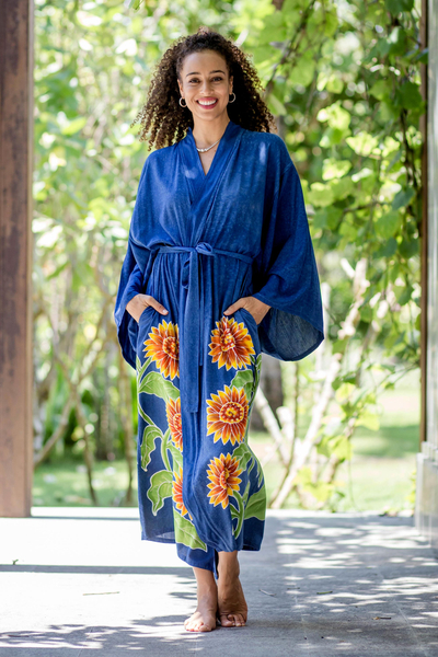 Hand-painted rayon robe, Beautiful Flowers in Blue