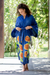Hand-painted rayon robe, 'Beautiful Flowers in Blue' - Hand Painted Floral Rayon Robe (image 2b) thumbail