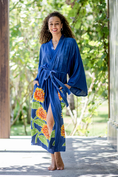 Hand-painted rayon robe, 'Beautiful Flowers in Blue' - Hand Painted Floral Rayon Robe