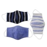 Cotton lurik face masks, 'Javanese Blues' (set of 3) - 3 Handwoven Cotton Lurik Contoured 2-Layer Blue Face Masks