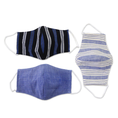 Baumwoll-Lurik-Gesichtsmasken, (3er-Set) - 3 handgewebte Lurik-konturierte 2-lagige blaue Gesichtsmasken aus Baumwolle