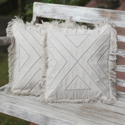 Cotton cushion covers, 'Triangle in Natural' (pair) - Triangle Pattern 100% Cotton Cushion Cover Pair