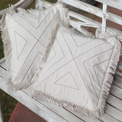 Cotton cushion covers, 'Triangle in Natural' (pair) - Triangle Pattern 100% Cotton Cushion Cover Pair