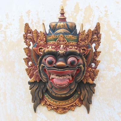 Holzmaske, 'Kumbakarna' - Handbemalte Kumbakarna-Holzmaske aus Bali