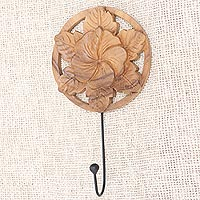 Wood wall hook, 'Blooming Jepun I' - Hand Carved Floral Wood and Iron Wall Hook