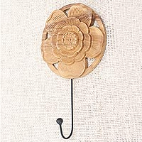 Wood wall hook, 'Lotus Bloom' - Hand Carved Wood and Iron Floral Wall Hook