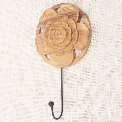 Hand Carved Wood and Iron Floral Wall Hook, 'Lotus Bloom
