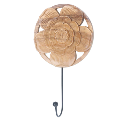 Hand Carved Wood and Iron Floral Wall Hook - Lotus Bloom