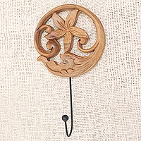 Wood wall hook, 'Beautiful Flower' - Floral Hand Carved Wood Wall Hook from Bali