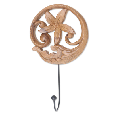 Wood wall hook, 'Beautiful Flower' - Floral Hand Carved Wood Wall Hook from Bali