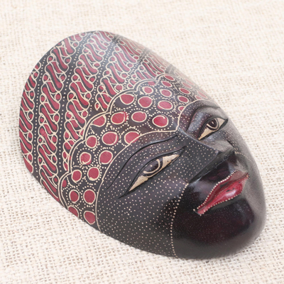 Wood mask, 'Face of Java' - Hand Painted Batik Wood Mask from Java