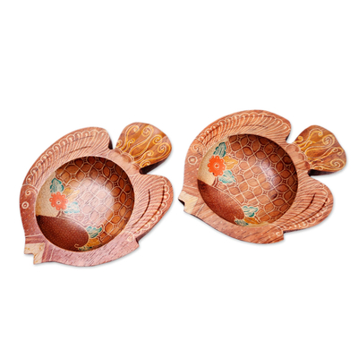 Wood batik decorative bowls, 'Java Fish' (pair) - 2 Fish-Shaped Decorative Wood Batik Bowls from Java