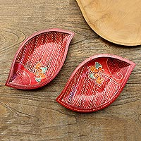 Wood batik decorative bowls, bowl, 'Java Leaf' (pair) - 2 Hand Painted Batik Leaf-Shaped Wood Bowls