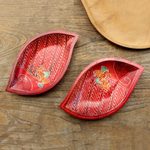 Wood batik decorative bowls, bowl, 'Java Leaf' (pair) - 2 Hand Painted Batik Leaf-Shaped Wood Bowls