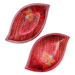 Wood batik decorative bowls, bowl, 'Java Leaf' (pair) - 2 Hand Painted Batik Leaf-Shaped Wood Bowls