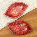 Wood batik decorative bowls, bowl, 'Java Leaf' (pair) - 2 Hand Painted Batik Leaf-Shaped Wood Bowls