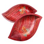 Wood batik decorative bowls, bowl, 'Java Leaf' (pair) - 2 Hand Painted Batik Leaf-Shaped Wood Bowls